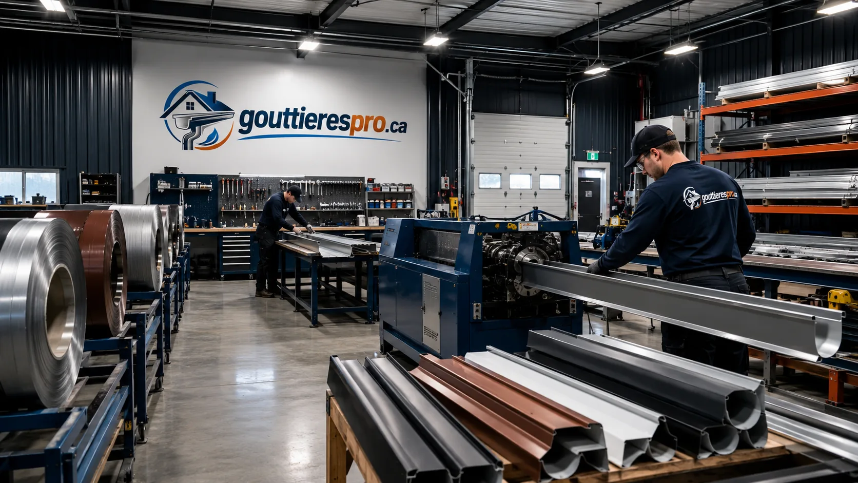 Atelier de profilage de gouttières continues en aluminium avec bobines de métal
