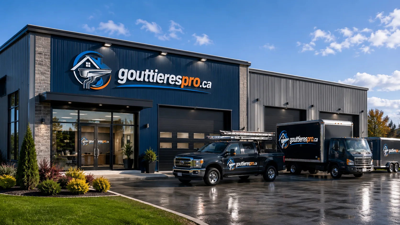 Bâtiment d'une entreprise de gouttières avec camions et remorques de service