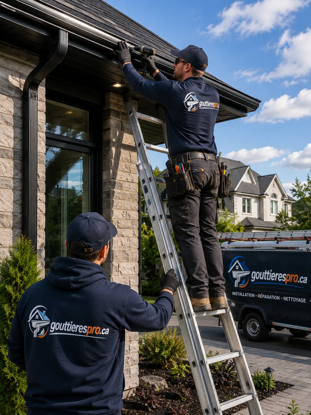 Deux installateurs posant une gouttière sur une résidence, échelle et camion de service