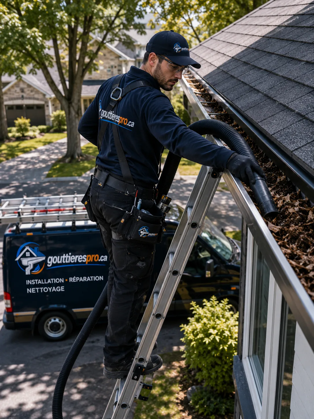Nettoyage de gouttières par aspiration des feuilles et des débris